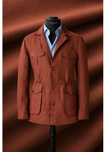 Veste saharienne lin terracotta — sur mesure — Costume Privé Paris