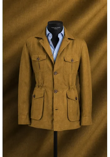 Veste saharienne lin ocre — sur mesure — Costume Privé Paris