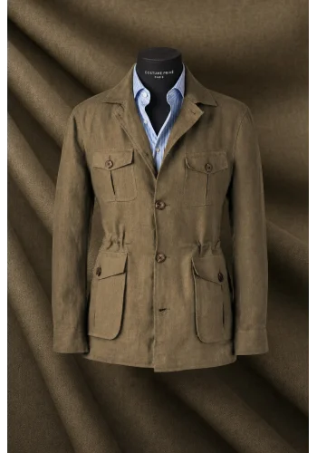 Veste saharienne lin vert kaki — sur mesure — Costume Privé Paris