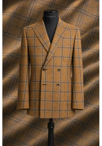 veste croisée orange carreaux bleu été — sur mesure — Costume Privé Paris