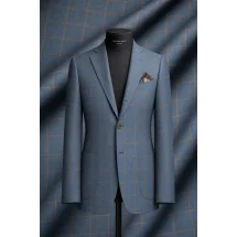Veste bleu clair double carreaux marron — sur mesure — Costume Privé Paris