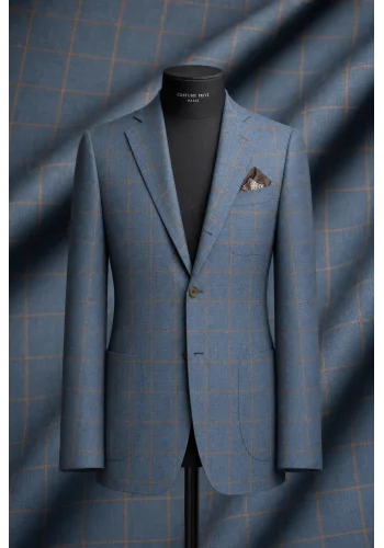 Veste bleu clair double carreaux marron — sur mesure — Costume Privé Paris