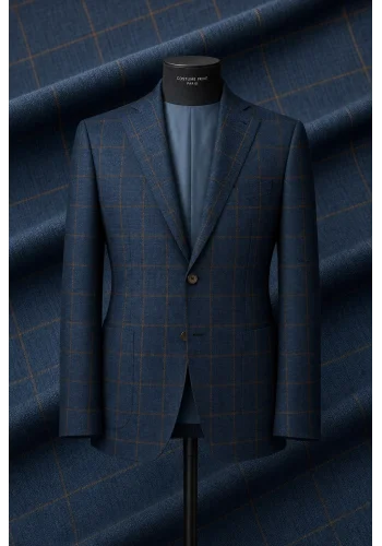 Veste bleu double carreaux marron — sur mesure — Costume Privé Paris
