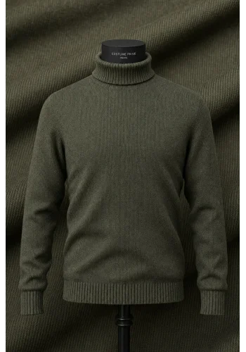 Pull col roulé vert olive — sur mesure — Costume Privé Paris