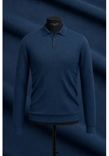 Pull polo manche longue bleu indigo — sur mesure — Costume Privé Paris