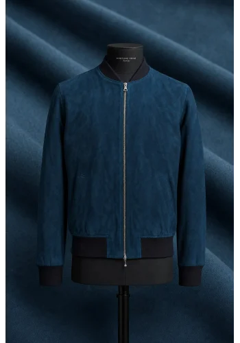 Blouson Suede bleu canard MA1 Steve — sur mesure — Costume Privé Paris