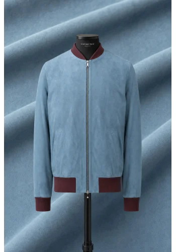 Blouson Suede bleu ciel MA1 Steve — sur mesure — Costume Privé Paris