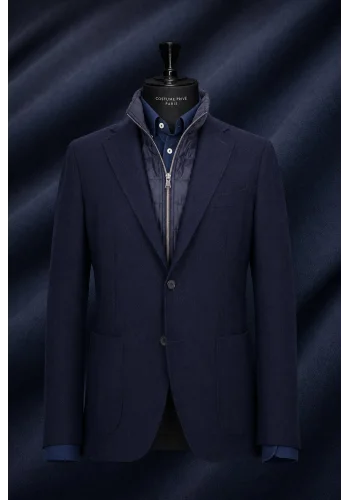 Veste bleu plastron amovible — sur mesure — Costume Privé Paris