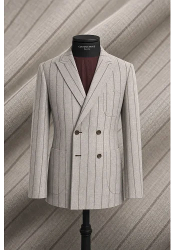veste croisée été beige rayures marron — sur mesure — Costume Privé Paris
