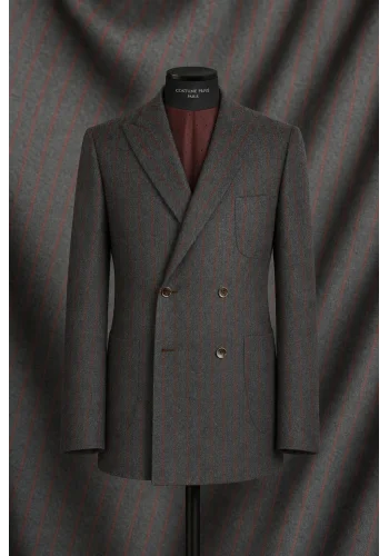 veste croisée gris rayures rouge — sur mesure — Costume Privé Paris