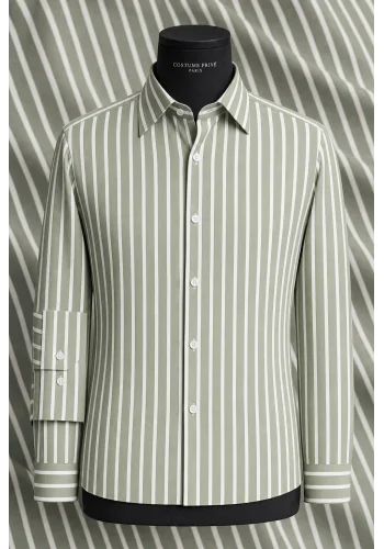 Chemise vert olive à rayures blanches - Style élégant pour hommes. — sur mesure — Costume Privé Paris