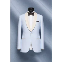 Smoking bleu ciel col châle - élégance assurée — sur mesure — Costume Privé Paris