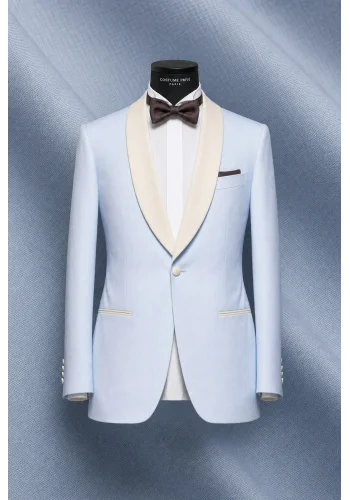 Smoking bleu ciel col châle - élégance assurée — sur mesure — Costume Privé Paris