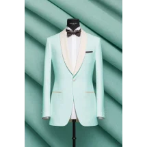 Smoking bleu Celadon col châle - élégance et raffinement pour vos soirées — sur mesure — Costume Privé Paris
