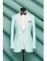 Smoking bleu Celadon col châle - élégance et raffinement pour vos soirées — sur mesure — Costume Privé Paris