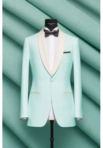Smoking bleu Celadon col châle - élégance et raffinement pour vos soirées — sur mesure — Costume Privé Paris
