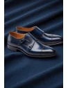 Chaussures double boucle bleu patiné — sur mesure — Costume Privé Paris