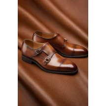 Chaussures double boucle cognac patiné — sur mesure — Costume Privé Paris
