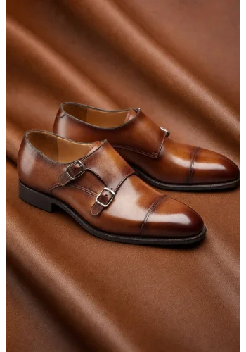Chaussures double boucle cognac patiné — sur mesure — Costume Privé Paris