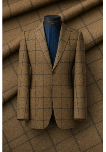 Veste marron clair carreau bleu — sur mesure — Costume Privé Paris