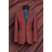 Blazer rouge carreaux bleu — sur mesure — Costume Privé Paris