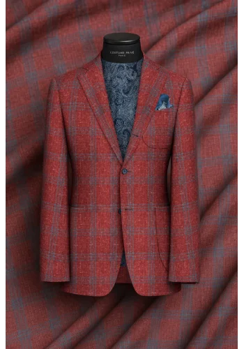 Blazer rouge carreaux bleu — sur mesure — Costume Privé Paris