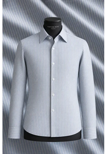 Chemise bleu Lin rayures blanches — sur mesure — Costume Privé Paris