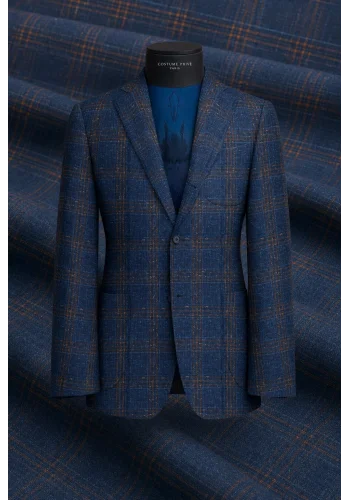 Blazer Bleu carreaux orange Tweed — sur mesure — Costume Privé Paris