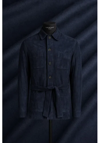 Veste Safari Nubuck bleu Robert — sur mesure — Costume Privé Paris