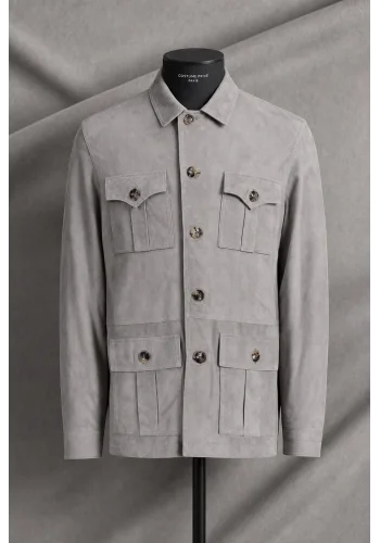 Saharienne Suède gris clair Roger — sur mesure — Costume Privé Paris