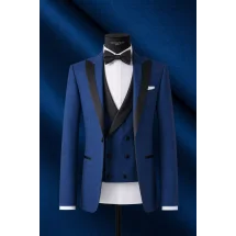 Smoking bleu intense galon soie — sur mesure — Costume Privé Paris