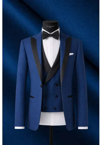 Smoking bleu intense galon soie — sur mesure — Costume Privé Paris