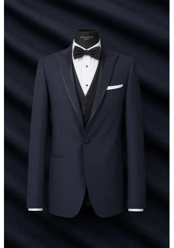 Smoking bleu nuit galon soie — sur mesure — Costume Privé Paris