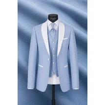 Smoking bleu ciel col châle — sur mesure — Costume Privé Paris