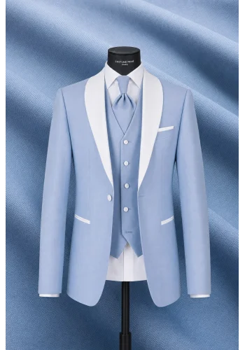 Smoking bleu ciel col châle — sur mesure — Costume Privé Paris