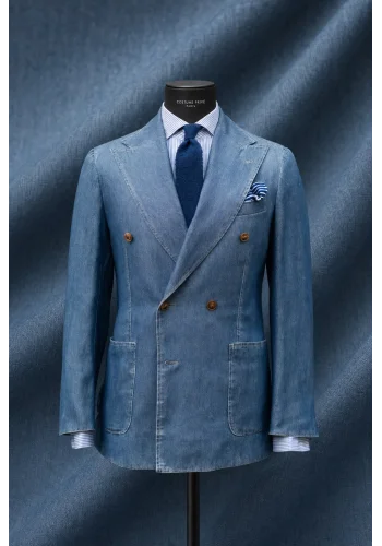 Blazer Croisé bleu denim — sur mesure — Costume Privé Paris
