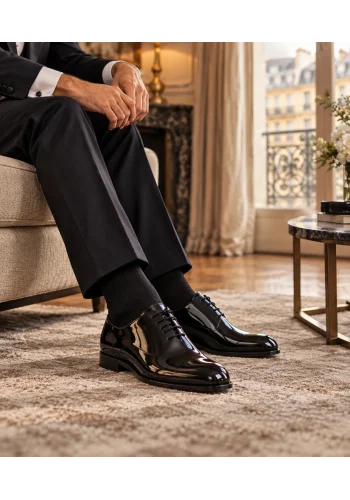 Chaussures Richelieu noir verni portées avec un smoking — Costume Privé Paris