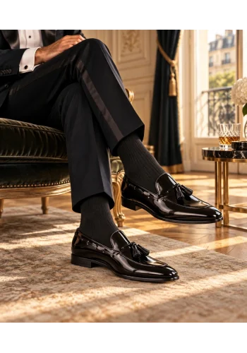 Mocassins à glands noir verni portés avec un smoking — Costume Privé Paris