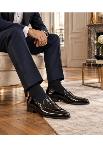 Mocassins noir verni portés avec un smoking bleu nuit — Costume Privé Paris