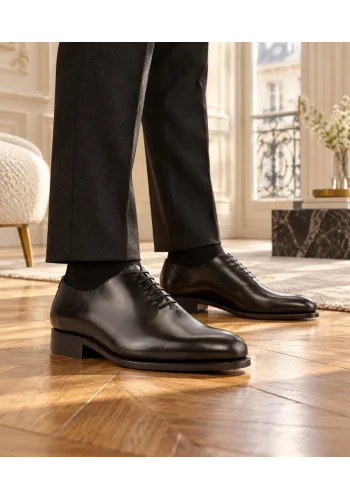 Chaussures Richelieu one cut noir portées avec un costume — Costume Privé Paris