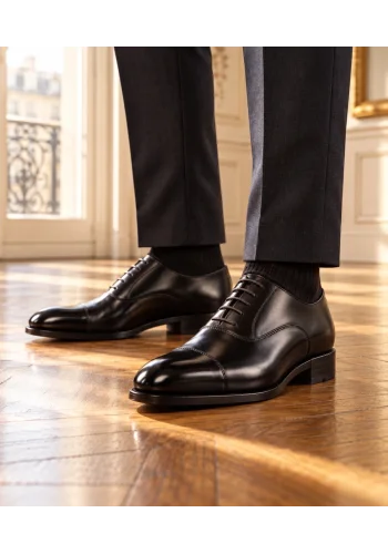 Chaussures Richelieu bout droit noir patiné portées avec un costume — Costume Privé Paris