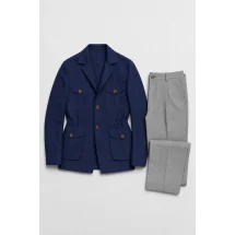 Veste saharienne lin bleu marine à quatre poches et pantalon gris à pinces