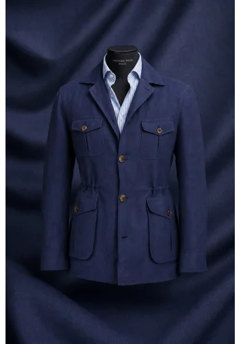 Veste saharienne lin bleu marine sur buste Costume Privé Paris