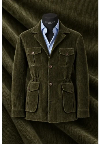 Veste saharienne velours côtelé vert kaki sur buste Costume Privé Paris