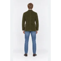 Dos de la veste saharienne velours côtelé vert kaki, taille à coulisse