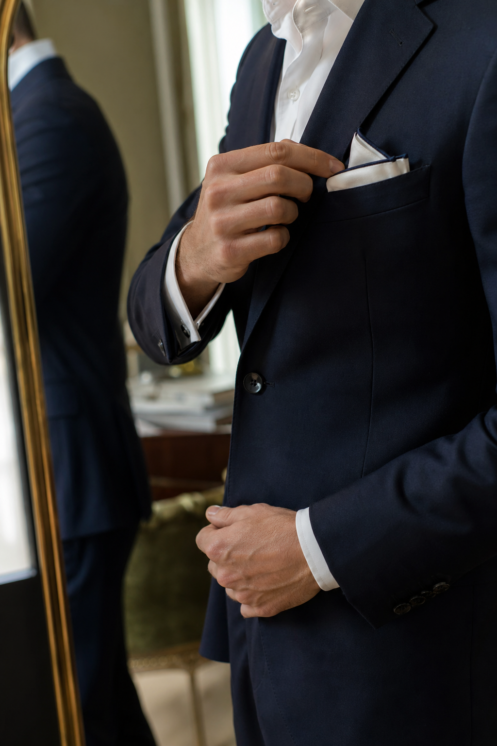 Détail accessoire costume sur mesure — Préparer la pochette : repères, volume et orientation — pochette costume pliage style