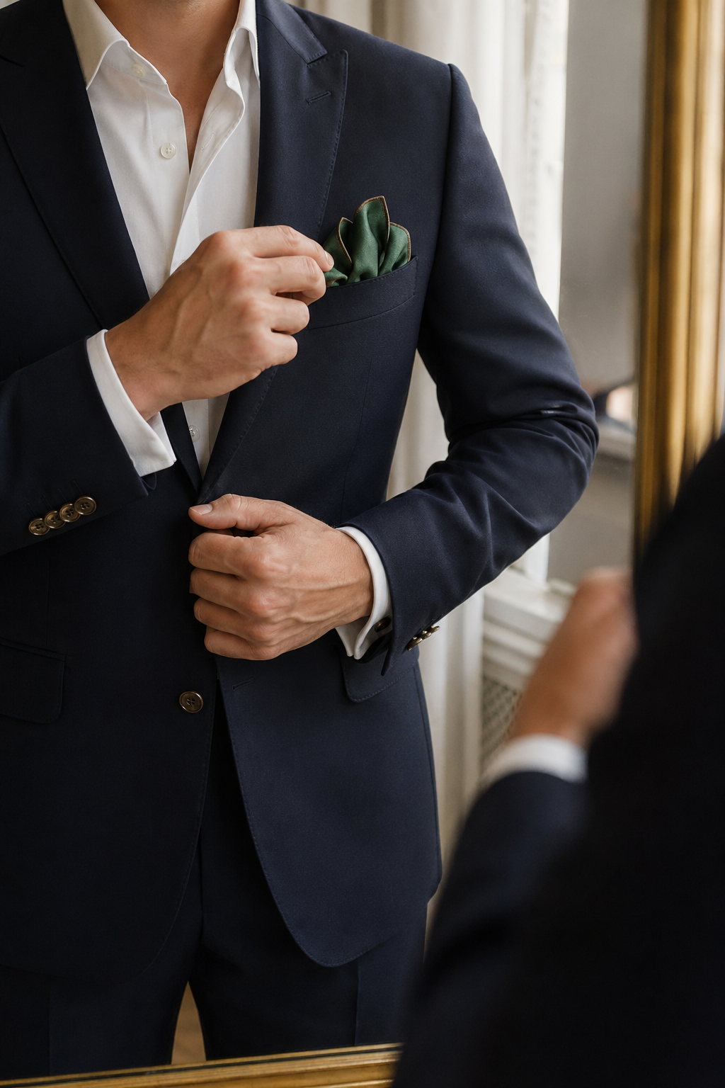 Détail accessoire costume sur mesure — Choisir le bon rendu : angle net, coins et stabilité — pochette costume pliage style