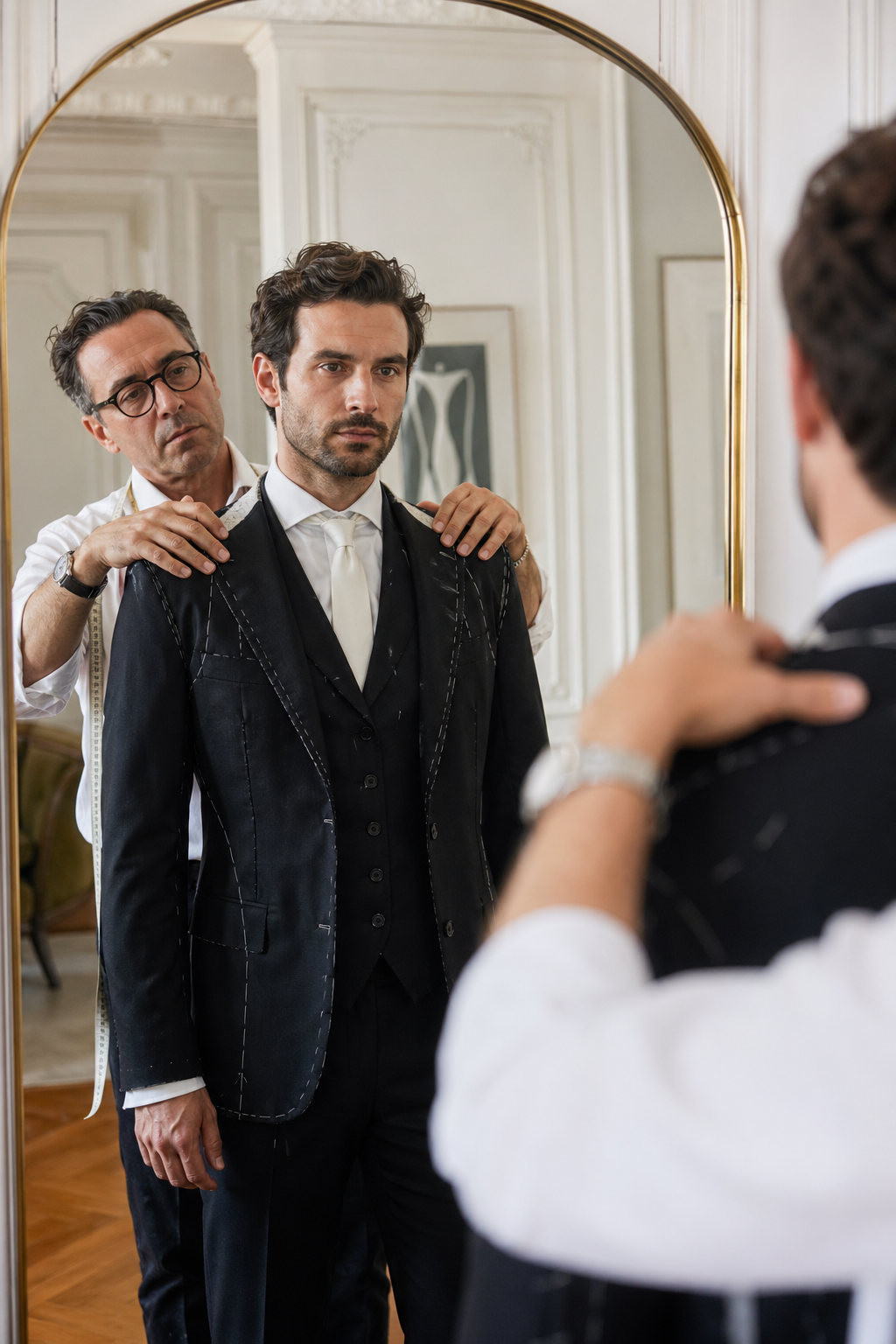 Essayage costume marié sur mesure — Coupe et configurations — costume noir ceremonie homme