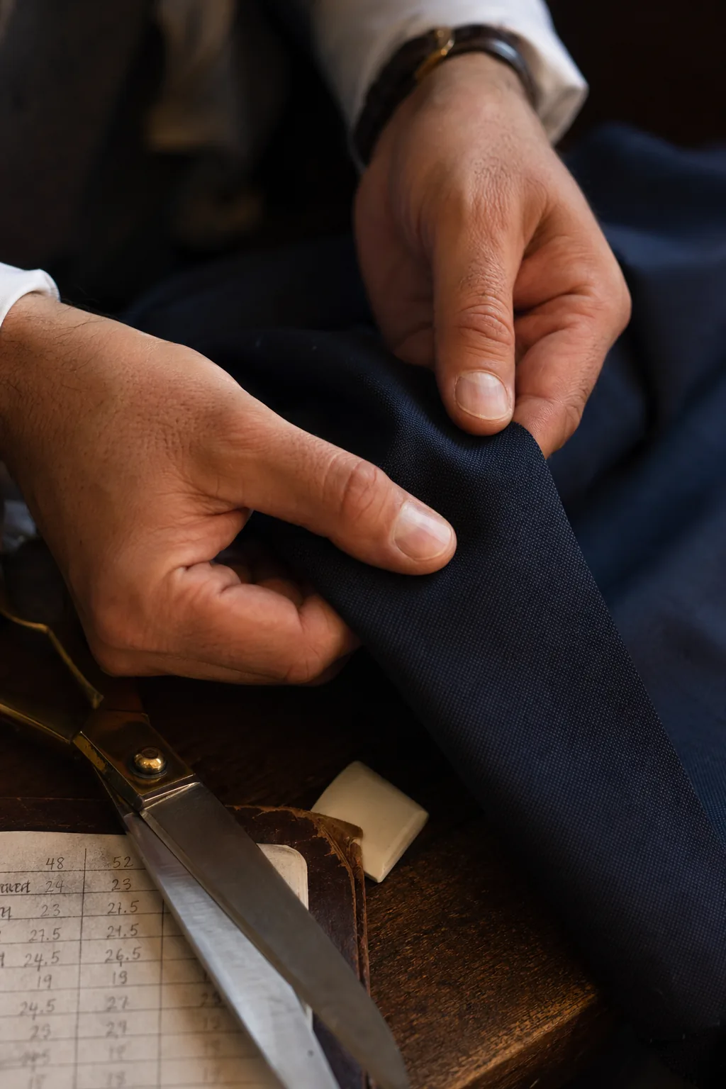 Détail finition costume sur mesure — Le bleu par saison : tissu et grammage — costume bleu sur mesure