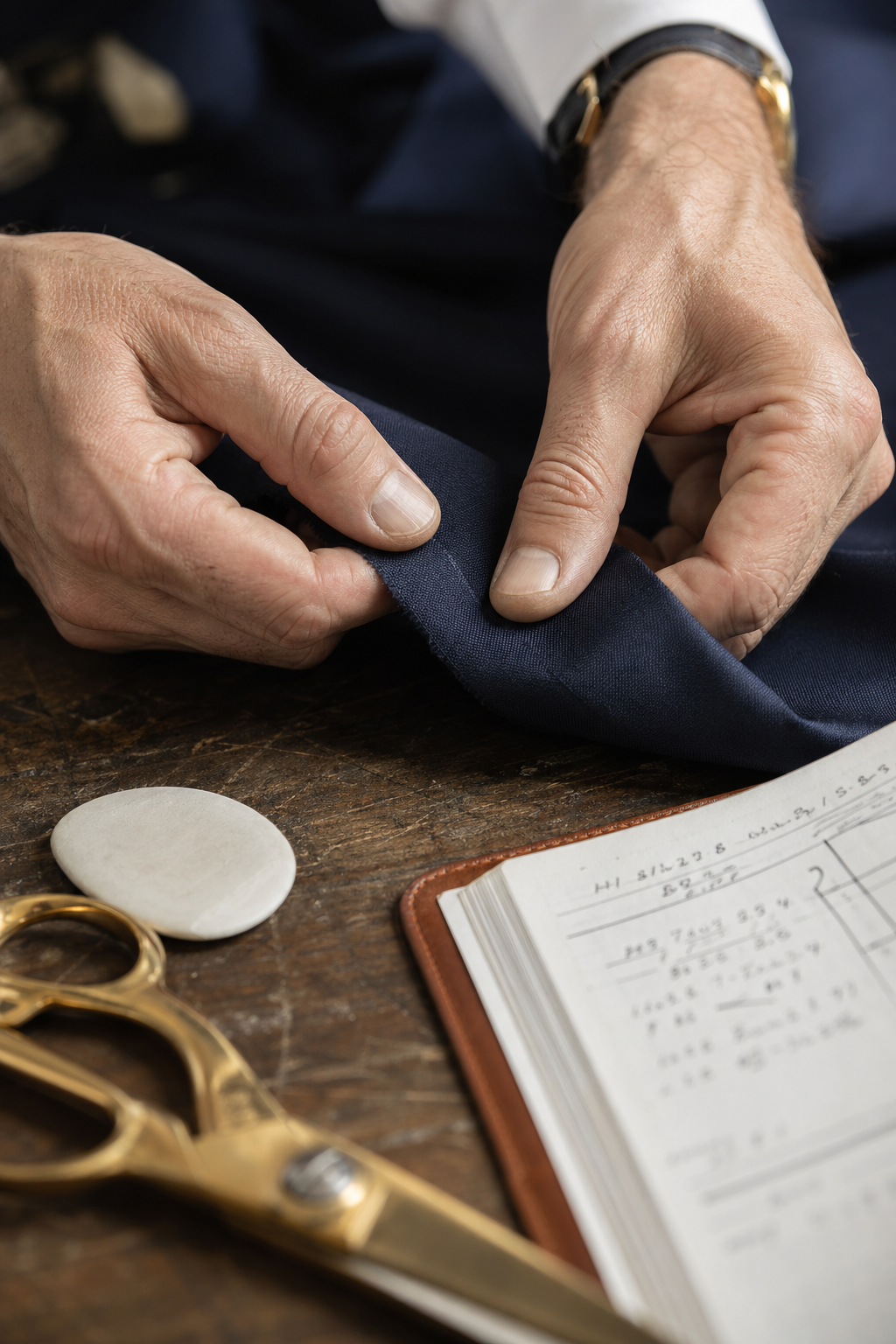Détail finition costume sur mesure — Expertise en confection et matières — costume trois pieces bleu
